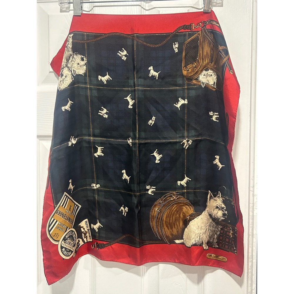Ralph Lauren Silk Scarf Westie Dog Black Watch Plaid Red Border Made in Japan
